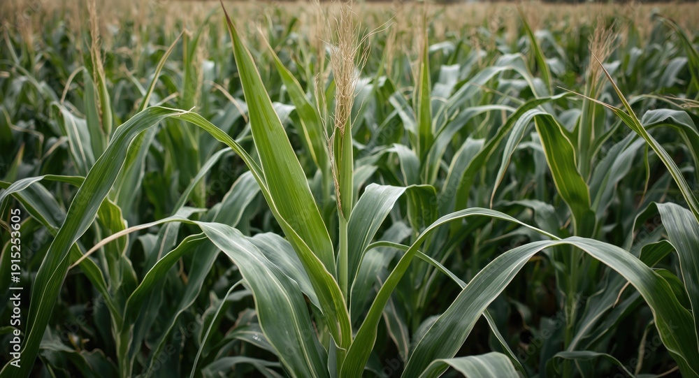 Obraz premium Maize plant leaves bending softly in a breezy cornfield with green stalks