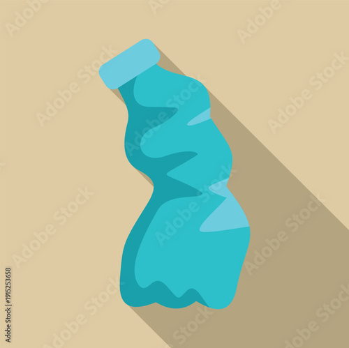 Crumpled blue plastic bottle icon with a long shadow on a beige background illustrating pollution