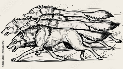 Dynamic illustration of a pack of wolves running with fierce determination.