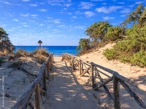 Footpath through the sea dunes on Punta Prosciutto beach near town of Porto Cesareo in Apulia, southern region of Italy.