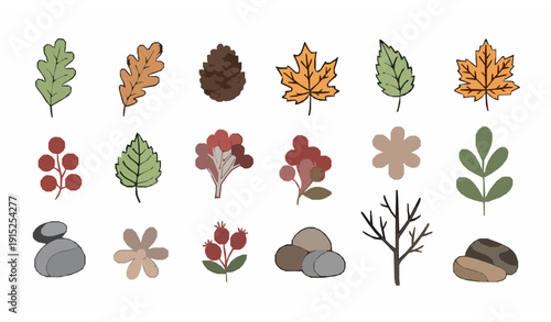 Hand-drawn nature decoration vector set with leaves, flowers, and forest elements illustrations