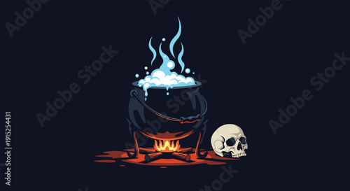 Spooky pixel art illustration of a witch's cauldron bubbling with a blue potion over a fire, with a human skull nearby on a dark background.