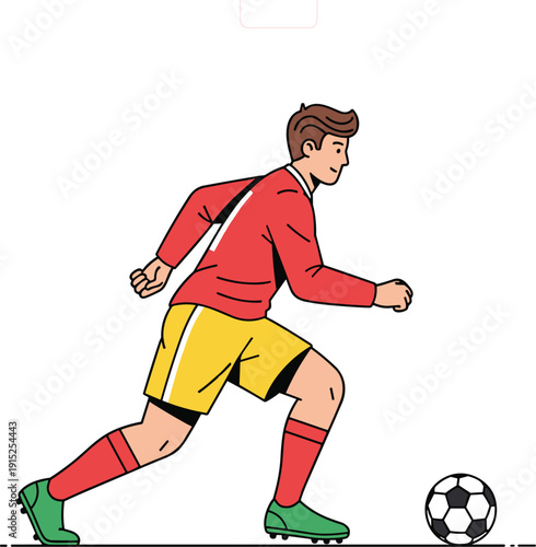 Young soccer player in red and yellow uniform dribbling a football for youth sports competition and athletic training.