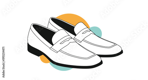 Stylish line art illustration of a pair of classic men's penny loafers set against abstract pastel-colored circles on a white background.