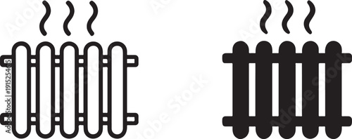 Heating radiator icon set with line art and solid styles showing warmth, energy, comfortt.
