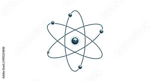 Stylized illustration of a classic atom symbol with a central nucleus and orbiting electrons, shown in a sleek metallic blue design.