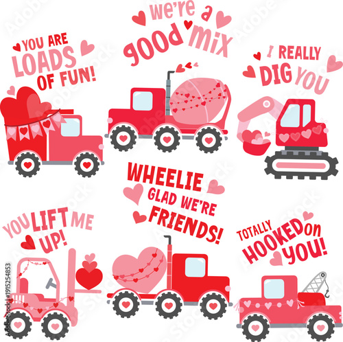 Valentine construction vehicles, red, pink, love, romantic, transportation