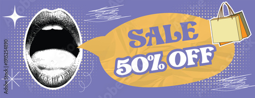 Retro vintage pop art, comic halftone Collage sale banner,  modern advertising design with halftone cutout paper elements perfect for social media cover and header promotions and stickers