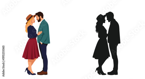 A loving couple embracing, shown as a full-color illustration and a black silhouette, perfect for romantic and wedding designs.
