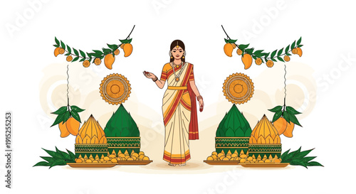 Illustration of a woman in traditional Indian attire celebrating happy Indian Lunar New Year with decorative flowers and Indian Lunar New Year decorations.