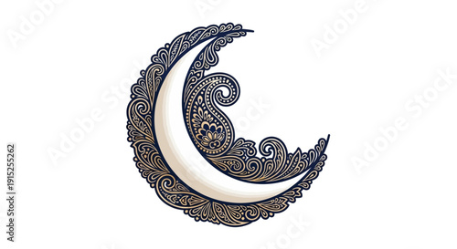Vector illustration of a decorative crescent moon with intricate designs and floral patterns on a white background for Indian Lunar New Year celebrations.
