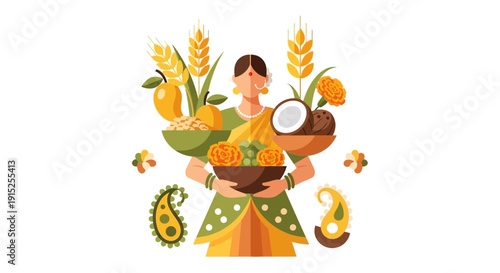 Vector illustration of a happy Indian woman holding traditional Indian Lunar New Year decorations and flowers with a joyful and festive mood.