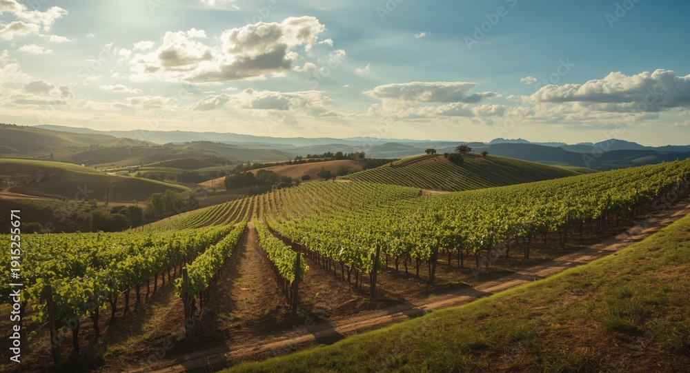 Obraz premium Scenic top view of flourishing vineyard sweeping over softly contoured hills under bright sky
