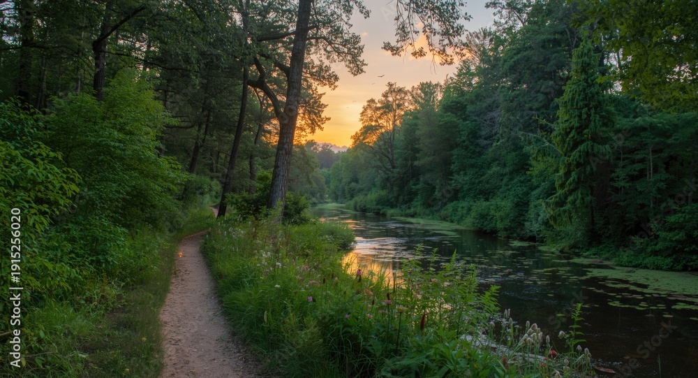 Fototapeta premium Peaceful forest path alongside a flowing river with dense greenery under warm evening light