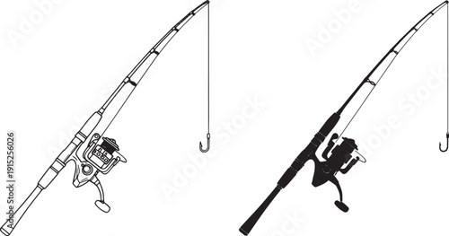 Detailed side-by-side comparison of fishing rods illustrated in line art and realistic style, viewed from a frontal perspective