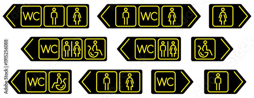 Restroom navigation icons with arrows in yellow outline style on black background.