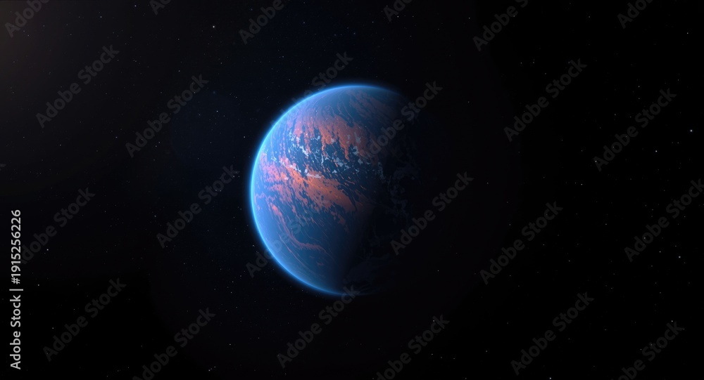 Fototapeta premium shimmering blue and orange planet drifting in vast black cosmic background