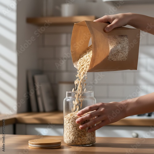 Pouring oats from paper bag into glass jar for storage in a bright kitchen setting