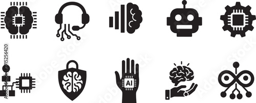 Artificial intelligence icons for smart systems, chatbots and data analysis
