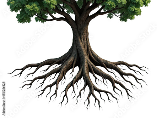 A tree with a unique feature - a large root and lush green leaves