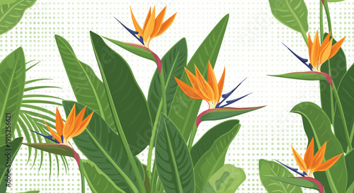 Tropical background featuring vibrant bird of paradise flowers and lush green leaves, with a subtle halftone pattern for texture.