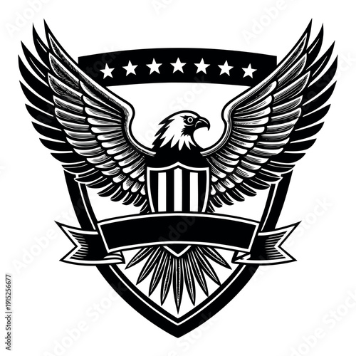 Vintage American bald eagle with shield and blank ribbon badge black and white vector