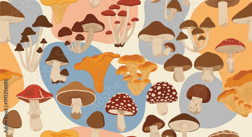 Seamless pattern with a variety of colorful, hand-drawn mushrooms on a background with abstract pastel-colored organic shapes.