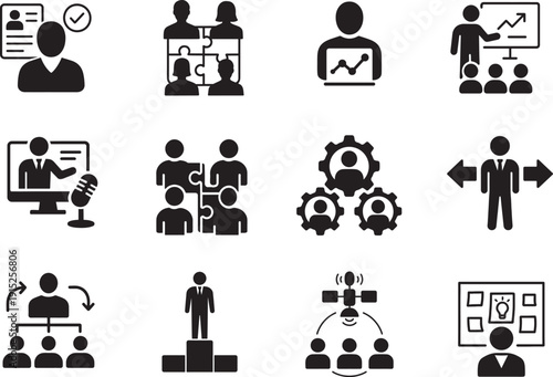  Business people icons set for meeting, HR management and career growth