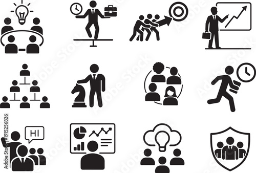Business people icon set for teamwork, HR, meeting and career success