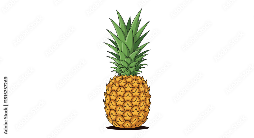 Fototapeta premium Vibrant, detailed illustration of a whole ripe pineapple with its green leafy crown, shown standing on a white background.