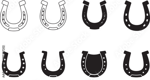 Diverse set of graphic horseshoes, featuring both hollow and filled designs, often associated with good luck and the rich heritage of equestrian culture