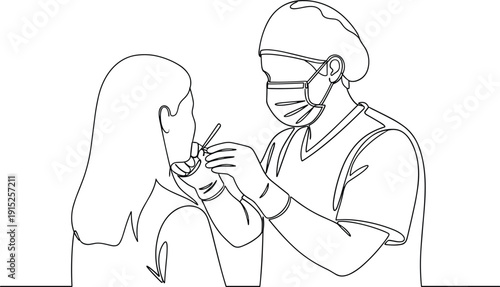 Dentist Examining Patient Teeth Line Art Illustration Representing Oral Healthcare, Dental Checkup, Professional Dentistry Procedure and Clinical Treatment Concep