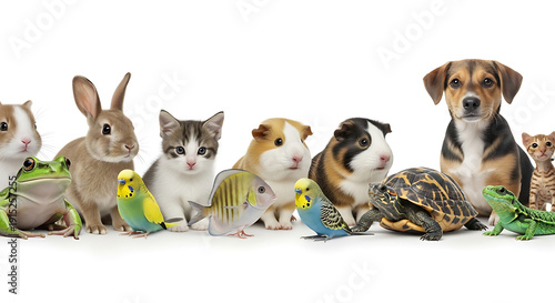 Various domestic pets including rabbit, cat, guinea pig, parakeet, dog, and turtle arranged together on a plain surface