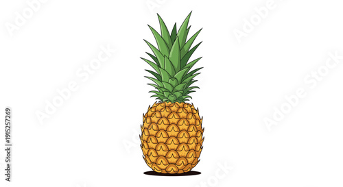 Vibrant, detailed illustration of a whole ripe pineapple with its green leafy crown, shown standing on a white background.