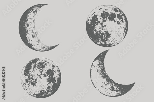 Realistic full Moon in vintage engraving style. Retro Moon phases planets in solar system. Engraved hand drawn in old sketch, vintage style for label. Eps 10