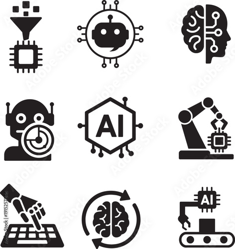 AI icon set with automation, smart analytics, chatbot and neural network symbols