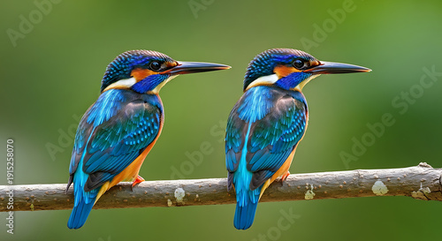 Two Kingfishers Perched on Branch with Vibrant Blue Feathers