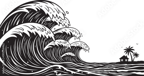 Overwhelming ocean surge approaches a vulnerable beach house, depicting a colossal tsunami as a symbol of nature's formidable and destructive force upon coastal landscapes