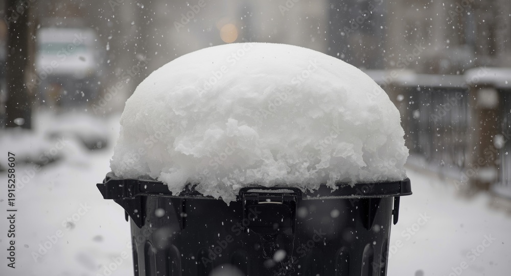 Fototapeta premium Snow piled on garbage can after intense winter snowstorm
