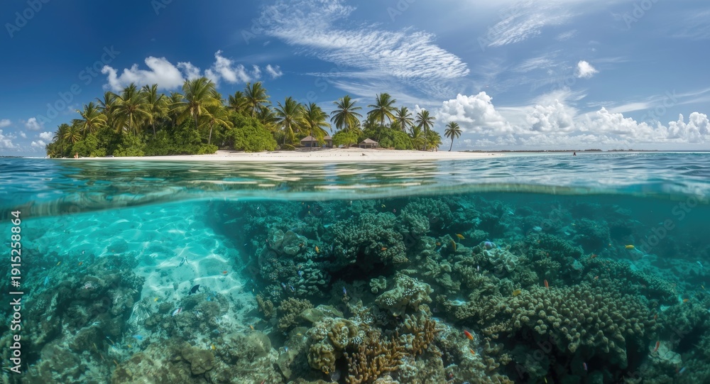 Obraz premium Split composition of tropical island shores and vibrant coral reef ecosystems
