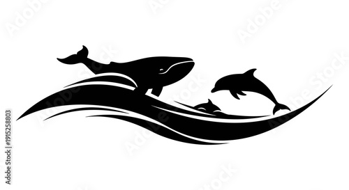 Black silhouette illustration of a whale and dolphin jumping out of wavy ocean water on World Wildlife Day, symbolizing wild animals and conservation in a simple design.