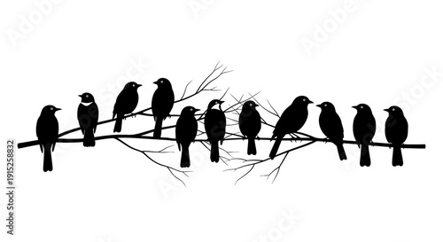 Black silhouette illustration of multiple birds perched on a tree branch for World Wildlife Day against a clean white background.