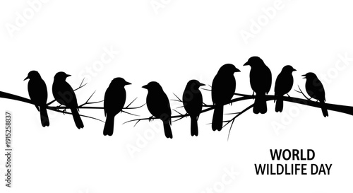 Black silhouette illustration of birds perched on a tree branch with 'World Wildlife Day' text on a white background, celebrating wildlife conservation.