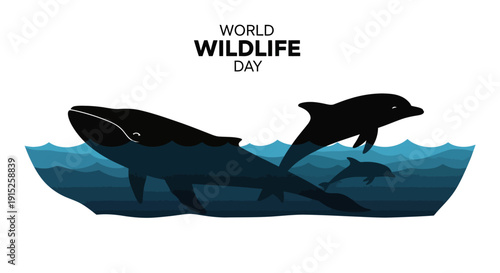 Black silhouette illustration of a whale, dolphin, and fish swimming in ocean waves for World Wildlife Day, with a simple design on a white background.