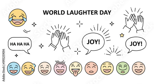 World Laughter Day celebration with diverse joyful emojis, clapping hands, and speech bubbles expressing happiness and mirth.