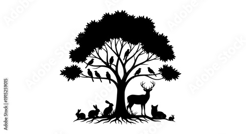 Black silhouette illustration of a tree with a diverse family of wild animals including a bull, buffalo, tiger, and birds, celebrating World Wildlife Day in a forest setting.