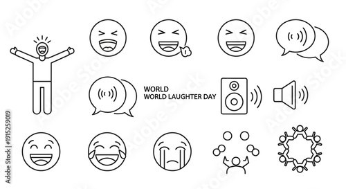A collection of line art icons depicting laughter, sound, celebration, and community, including emojis and World Laughter Day text.