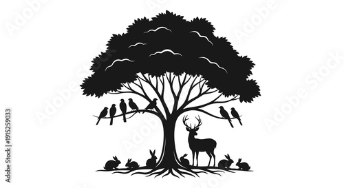 Black silhouette illustration of a tree with various wild animals including a deer, birds, rabbits, and a bull or buffalo at World Wildlife Day, set against a clean white background.