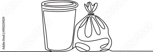 Continuous one line drawing of dust bin and plastic trash bag. One line drawing illustration of garbage container and trash bag. one line Art icon drawing vector