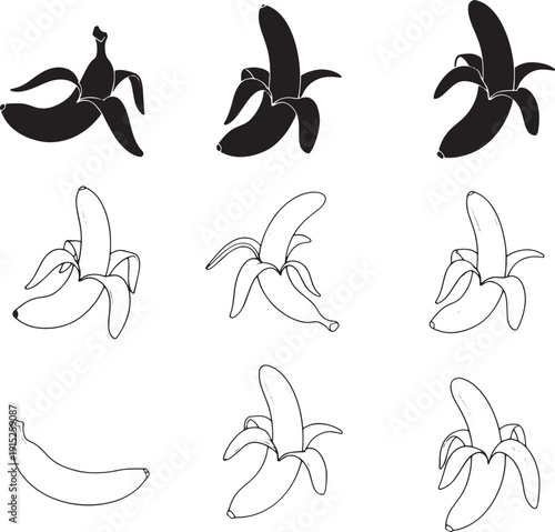 Illustrations of bananas, some peeled and some unpeeled, presented in black and white line art and solid silhouette styles
